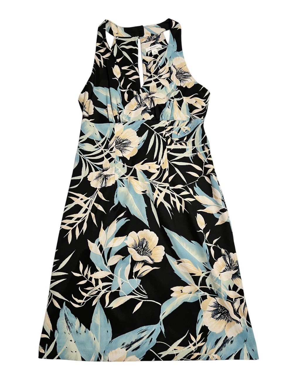 dressbarn Black Floral A-Line Dress with Blue and Cream Flowers